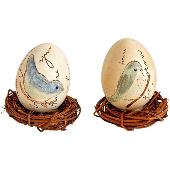 6 Vintage Hand Painted Birds On Ceramic Eggs In Nests Blue Yellow 3 1/4 Inch - Picture 2 of 12